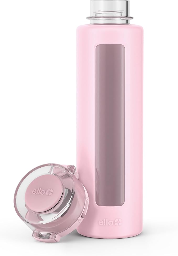Ello Syndicate 20oz Glass Water Bottle with Flip Lid and Sleeve, Cashmere Pink