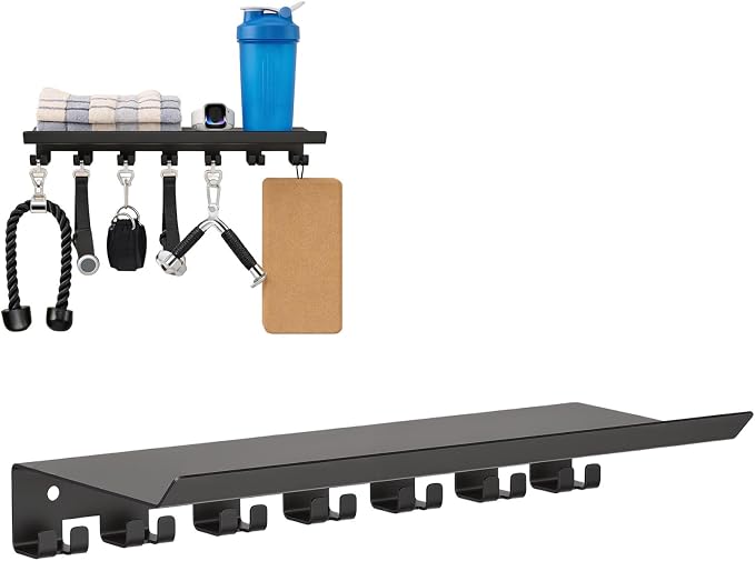 Floating Shelf Organizer, Space Saving Home Gym Storage Rack,Black | Workout Metal Holder with Hooks, Multi Purpose Wall Shelves for Fitness Equipment, Towel, Water Bottle