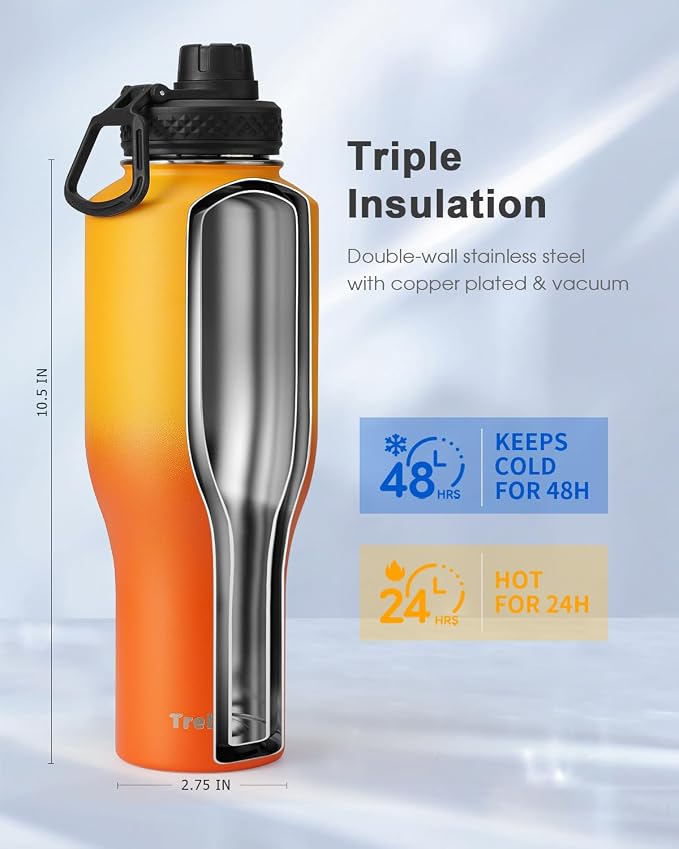 Trebo 40 oz Water Bottle Insulated Fit in Any Car Cup Holder with 2 Lids | Stainless Steel T-shape Tumbler with Paracord Handle, Triple Wall Vacuum Copper Plated, Cold 48 Hrs for Travel, Wide Mouth