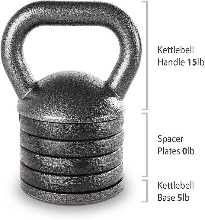 Apex 20lb Adjustable Cast Iron Kettlebell Handle, Compatible with 1” Weight Plates, Up to 50lb Load Capacity for Strength Training, Weightlifting, Home Workouts