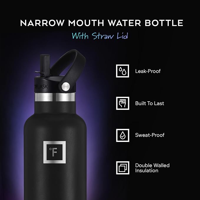 IRON °FLASK 32 oz Narrow Mouth Water Bottle with 3 Lids | Insulated Stainless Steel Sports Water Bottle with 3 Leakproof Lids - BPA Free, Cold 24 Hrs, Sweat Free (Dark Rainbow)