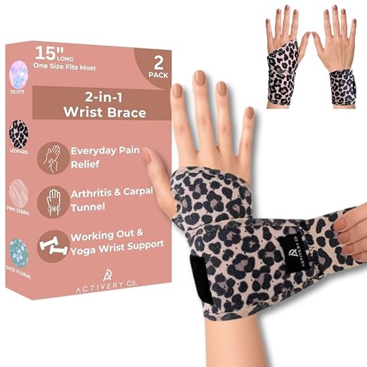 Carpal Tunnel Wrist Brace Left Hand, Right Hand for Women, Day or Night Compression Wrist Support Brace for Fitness, Keyboard Use, or Overnight Support, 2 Pack, Leopard Print