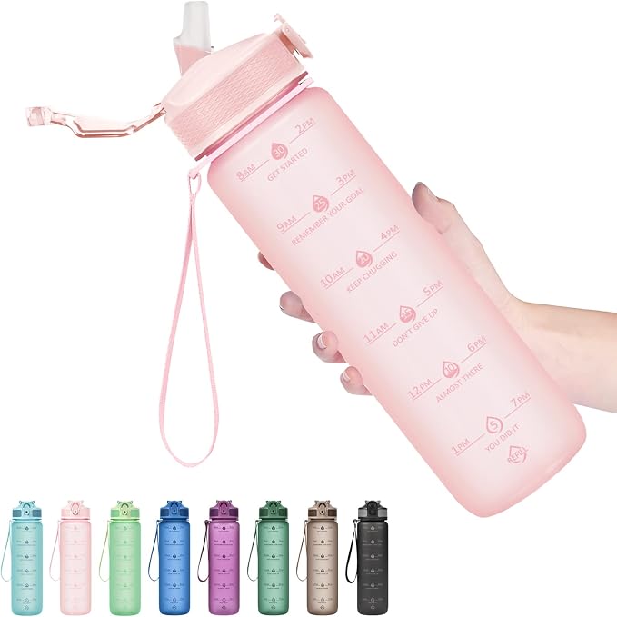 Hyeta Plastic Water Bottle With Straw & Time Marker, 32oz Leakproof Jug | Motivational Tritan BPA Free Gym Office Outdoor Intake Tracker Hourly Reminder Straw Lid Lightweight