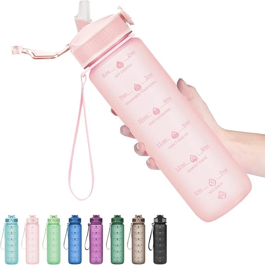 Hyeta Plastic Water Bottle With Straw & Time Marker, 32oz Leakproof Jug | Motivational Tritan BPA Free Gym Office Outdoor Intake Tracker Hourly Reminder Straw Lid Lightweight