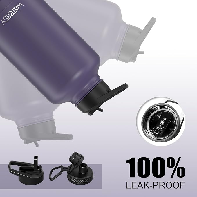 64oz Insulated Water Bottle (Cold for 48 Hrs),BPA Free&Leak Proof,Half Gallon Stainless Steel Water Flask,Water Jug with Straw Spout Lids for Gym,Hiking,Camping,Purple