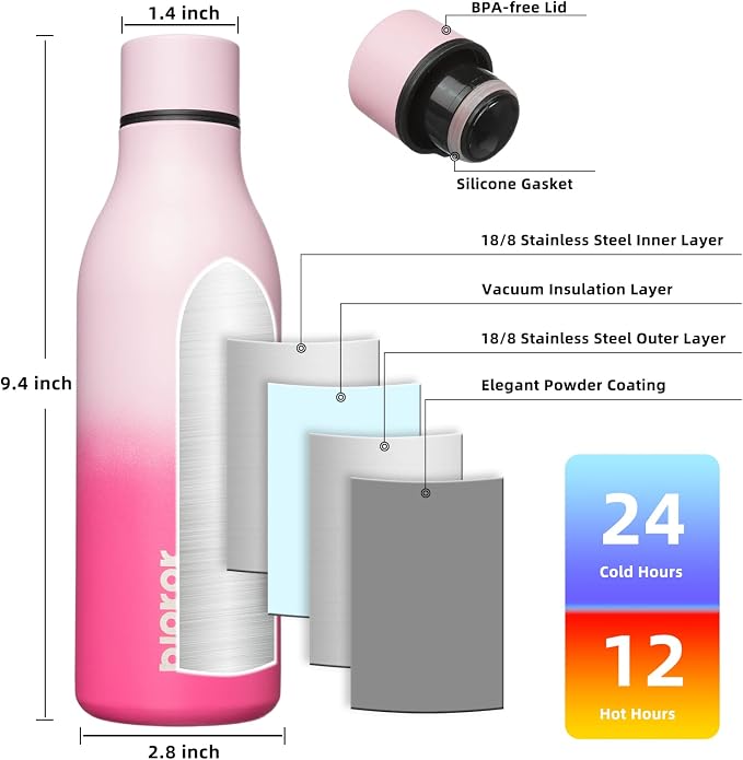 BJPKPK 18oz Insulated Water Bottle, Stainless Steel Bottle with Carry Strap | Keep Cold & Hot Vacuum Insulation, Leak-Proof BPA-Free Design, Slim Bottle Fits Most Cup Holders for Gym, Office & Travel