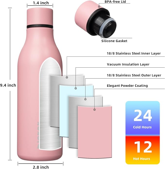 BJPKPK 18oz Insulated Water Bottle, Stainless Steel Bottle with Carry Strap | Keep Cold & Hot Vacuum Insulation, Leak-Proof BPA-Free Design, Slim Bottle Fits Most Cup Holders for Gym, Office & Travel
