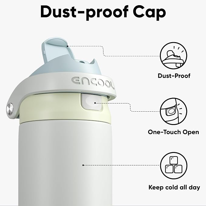 ENCOOL Leakproof Insulated Water Bottle with Straw Dual-Sip Water Bottle Bag-Safe Design for Work, Commute & Gym – Keeps Drinks Cold All Day, 18 oz, Cloud-Hill White