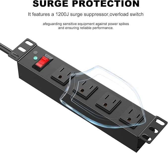 HEZI 10 Inch Rack PDU, 1U Rack Mount, 4 Outlets, 1200J Surge Protection | 15A Overload Switch,10FT 14AWG Extension Cord,for Mini Server Cabinet Network Rack,Black,ETL Listed