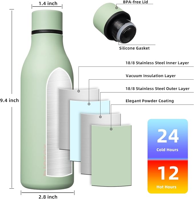 BJPKPK 18oz Insulated Water Bottle, Stainless Steel Bottle with Carry Strap | Keep Cold & Hot Vacuum Insulation, Leak-Proof BPA-Free Design, Slim Bottle Fits Most Cup Holders for Gym, Office & Travel