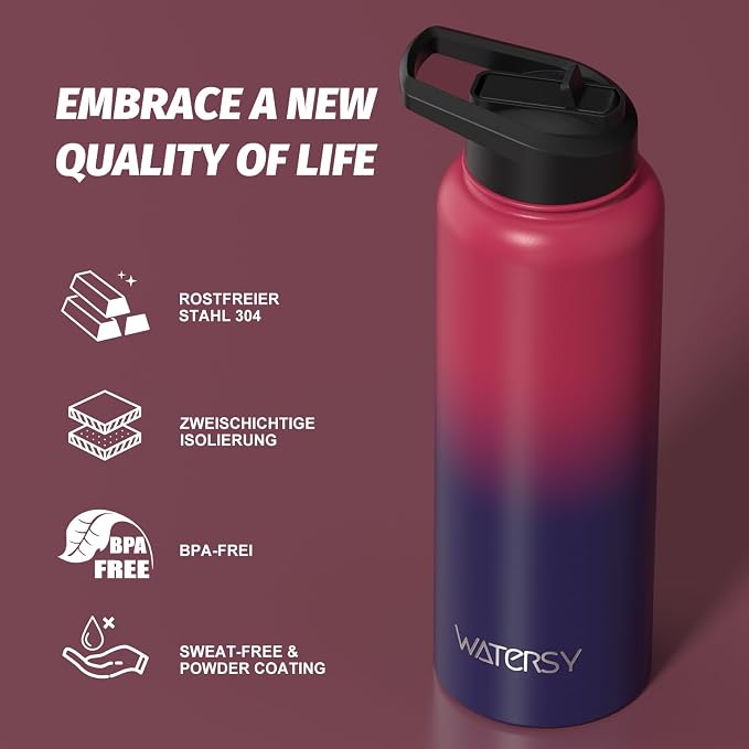 40oz Insulated Water Bottle (Cold for 48 Hrs),BPA Free&Leak Proof,Stainless Steel Water Flask,Water Jug with Straw Spout Lids for Gym,Hiking,Travel,Red Purple
