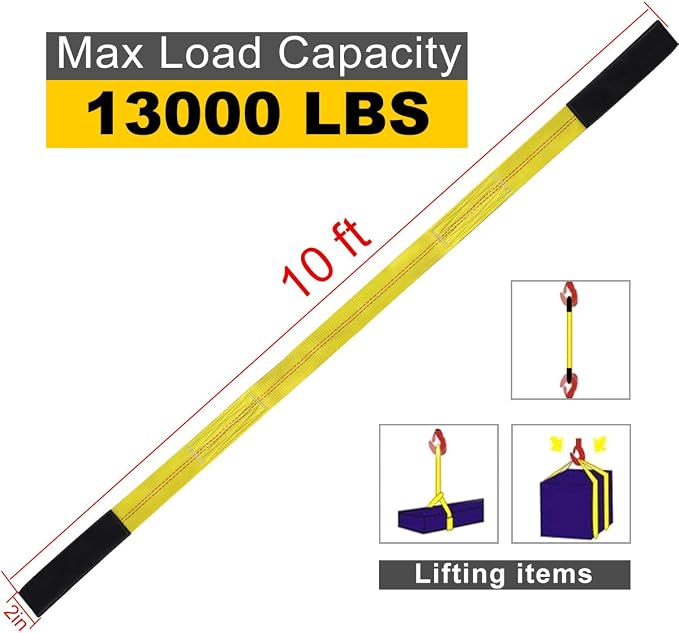 2"x10' Lift Sling Straps, 13,000 lb Load Capacity Heavy Duty Web Sling Tree Saver & Recovery Strap, Double-Layer Polyester Hoist Straps for Towing, Hoisting, Moving, UV Resistant Polyester 2-Pack