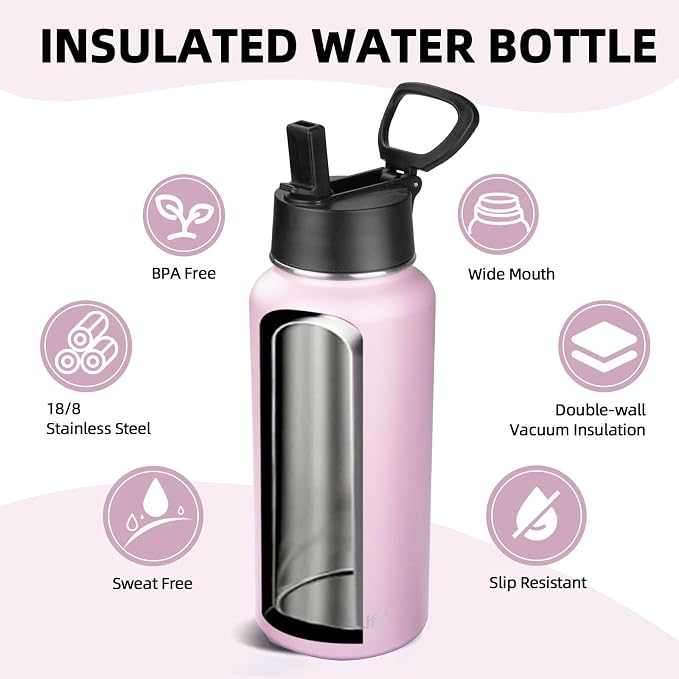Insulated Water Bottle With Straw,32 oz Vacuum Insulated Stainless Steel Sports Water Flask,Keeps Cold and Hot,Metal Water Bottle Wide Mouth for Gym Travel Camping (Light pink)