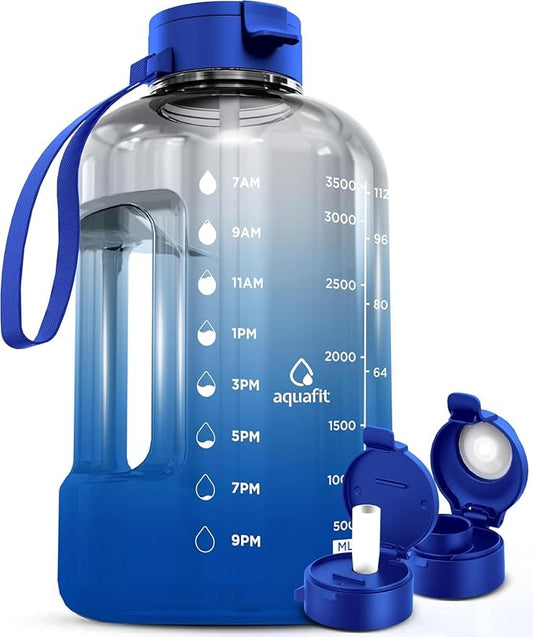AQUAFIT 1 Gallon Water Bottle with Time Marker | BPA Free 128 oz Water Bottle with Straw and Chug Lids - Leakproof Gym Water Bottle with Carry Handle (Blue Skies)
