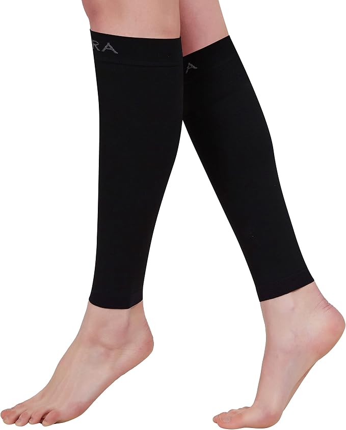 BSERA Calf Compression Sleeve Women, 2 Pairs 15-20mmHg Calf Support Footless Compression Socks Stockings for Shin Splints, Varicose Veins, Recovery (Black, Medium)