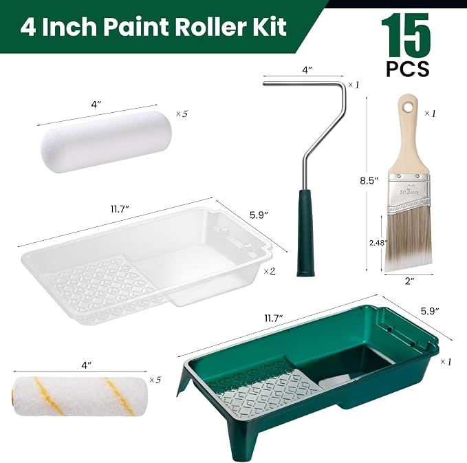 Paint Roller Kit, 15 Pack, 4 Inch Paint Roller, Paint Brush | Small Paint Roller with Tray Liners, Roller Covers Set for All Surfaces, Painting Supplies for Walls, Ceilings, and Cabinets
