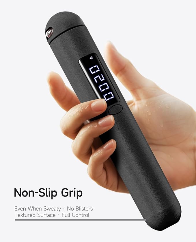 ACHDOFITS Jump Rope with Smart Counter for Adults | Tangle-free Steel Core, 170g. Fits 5'-6'5". 4 Modes: Beginner-HIIT. Rechargeable. For Women & Men. Tracks Calories & Jumps.