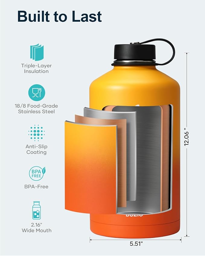 BUZIO 1 Gallon Water Bottle Insulated with Dust-proof Straw & Spout Lids | 128 oz Large Water Jug 18/8 Stainless Steel Triple Wall (Keep Cold 48Hrs/Hot 24 Hrs), Dishwasher Safe, Sweat-Proof, Black