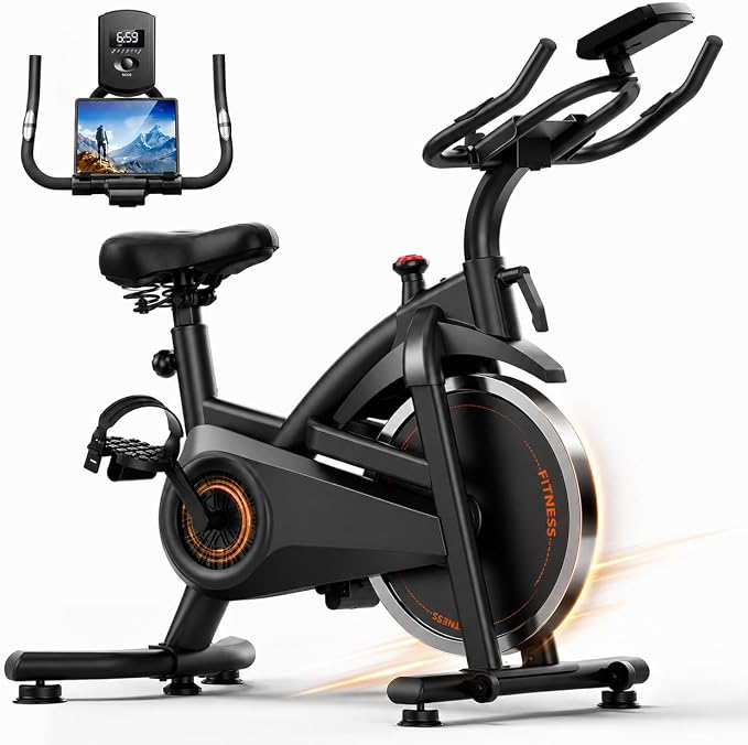 CURSOR FITNESS Exercise Bike, Stationary Bikes for Home with Brake Pad | Low Noise Indoor Bike for Home with Exclusive App, Workout Bike with Tablet Mount for Weight Loss, 300 lb Weight Capacity