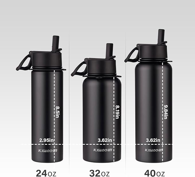 KXIAOCHEN Insulated Water Bottle with Strap, 48-Hour Cold, 2 Lids | Triple-wall insulation, lead-free 18/8 Stainless steel, paracord handle, carabiner clip, for gym, hiking, camping and travel