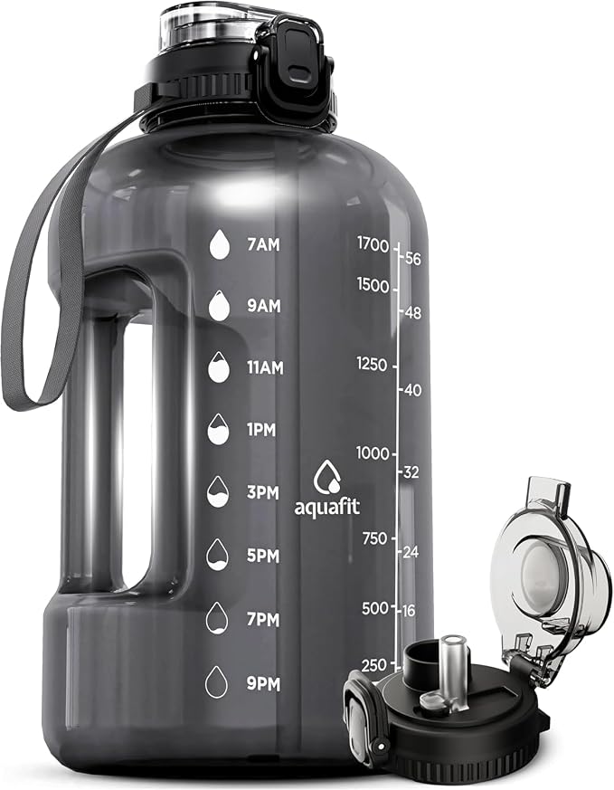AQUAFIT 64 oz Water Bottle with Time Marker, 2in1 Lid | BPA Free Half Gallon Water Bottle with 2in1 Straw and Chug Lid - Leakproof Gym Water Bottle with Carry Handle (Gray)