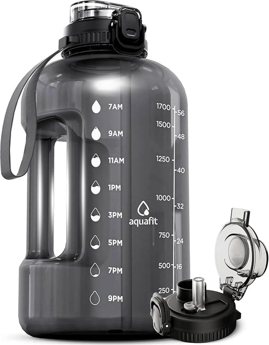 AQUAFIT 64 oz Water Bottle with Time Marker, 2in1 Lid | BPA Free Half Gallon Water Bottle with 2in1 Straw and Chug Lid - Leakproof Gym Water Bottle with Carry Handle (Gray)