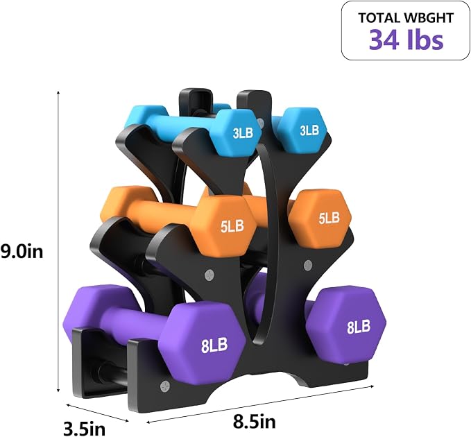 Portzon Dumbbells Neoprene with Non Slip Grip weight for Total Body Workout Compatible with of 2 Set,1-15 LB, Anti-Slip, Anti-roll, Hex Shape