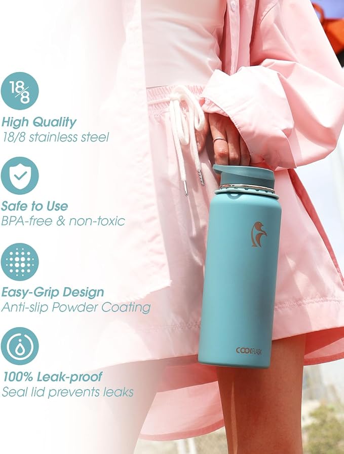 Coolflask 40 oz Water Bottle Insulated Stainless Steel with Strap | Metal Water Flask with Straw & Spout Lids, Triple-Wall, Cold 48+h, Dishwasher Safe, Leakproof, BPA-Free, for Gym & Hiking