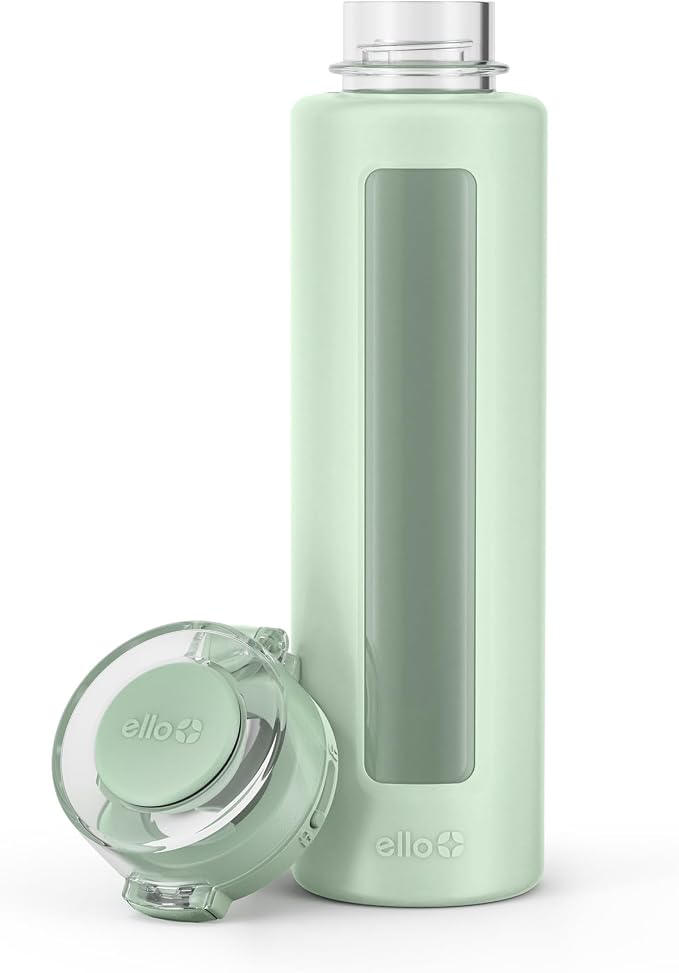 Ello Syndicate 20oz Glass Water Bottle with Flip Lid and Sleeve, Sage | Glass water bottle for iced drinks with leakproof flip lid, silicone sleeve, carry loop, BPA-free, and dishwasher safe