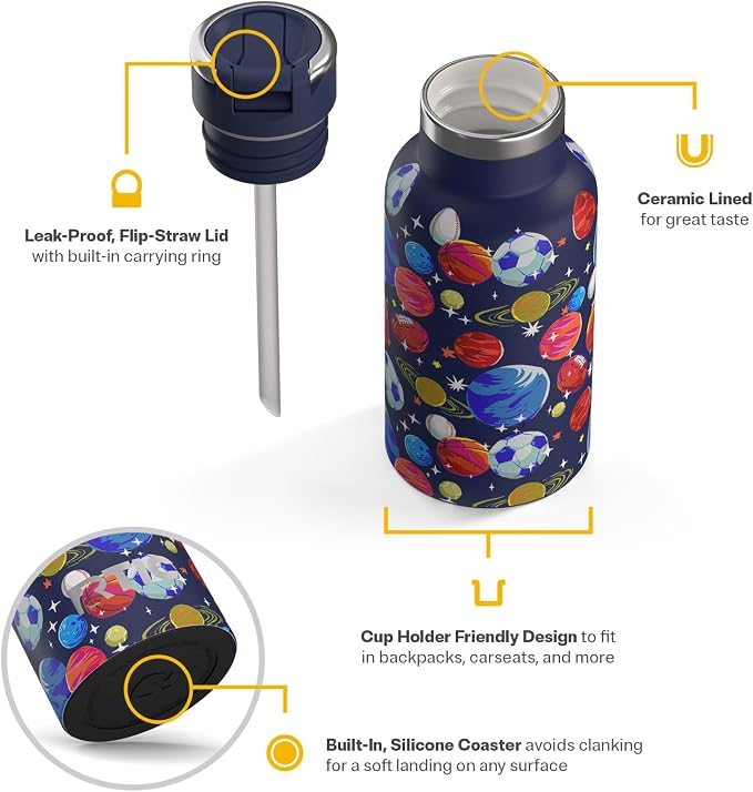 RTIC Little Journey Water Bottle with Straw, Ceramic-Lined, Insulated, Stainless Steel, Metal, Double Wall Vacuum-Insulation, Leak-Proof Lid, BPA-Free Water Flask for Sports, Travel, Space Games