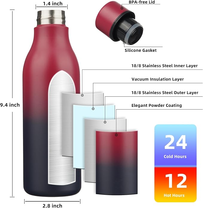 BJPKPK 18oz Insulated Water Bottle, Stainless Steel Bottle with Carry Strap | Keep Cold & Hot Vacuum Insulation, Leak-Proof BPA-Free Design, Slim Bottle Fits Most Cup Holders for Gym, Office & Travel