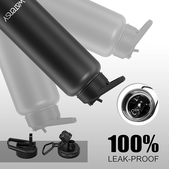 40oz Insulated Water Bottle (Cold for 48 Hrs),BPA Free&Leak Proof,Stainless Steel Water Flask,Water Jug with Straw Spout Lids for Gym,Hiking,Travel,Black