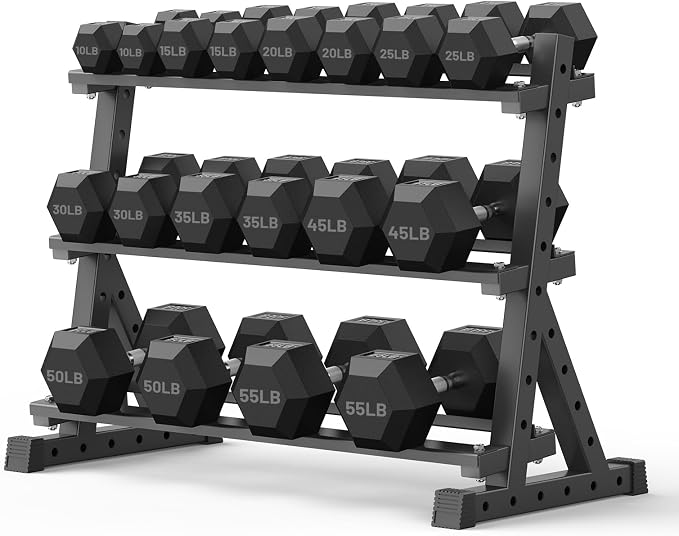 PAPABABE Dumbbell Set with Rack Dumbbells Rubber Encased Home Gym | PAPABABE Complete & Durable Cast Iron Core Odorless PVC Antiroll Hex Shape Ergonomic Chrome Handle Versatile Home Gym