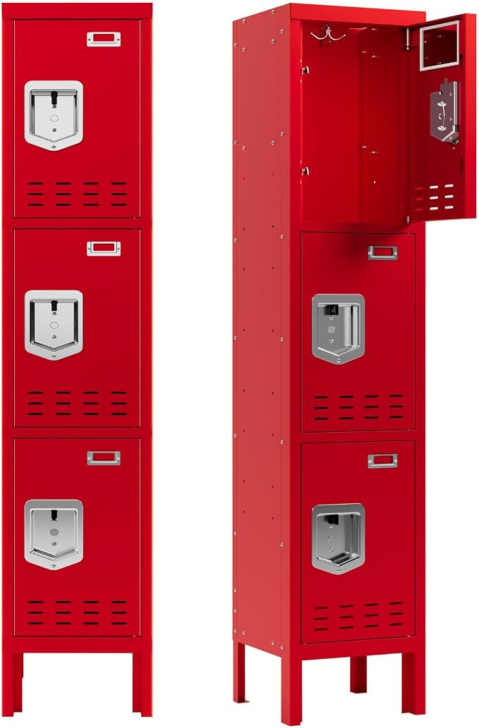 BUTISOW 3 Door Employee Metal Locker w/Card Slot for School Gym Office | Ventilated Metal Steel Locker with Mirror & Multi Hooks for Secure Storage