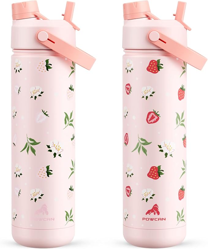 POWCAN 26 oz Insulated Water Bottle with 2-in-1 Straw and Spout Lid, Keep Cold 24H, Leak-Proof, Fits in Car Cup Holder, Stainless Steel Water Bottle for Sports, Travel, Gift (Sun-Kissed Strawberry)