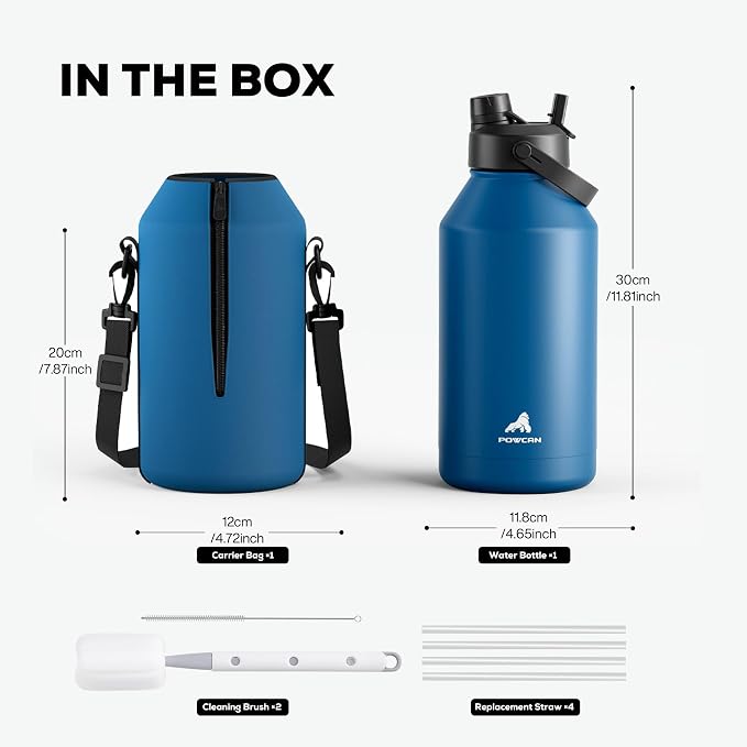 POWCAN 64 oz Insulated Water Bottle with 2-in-1 Straw Spout Lid, Leakproof, Carrier Bag, Shoulder Strap, Keep Cold 48H, Half Gallon Stainless Steel Water Jug for Men, Sports, Camping, Fitness (Indigo)