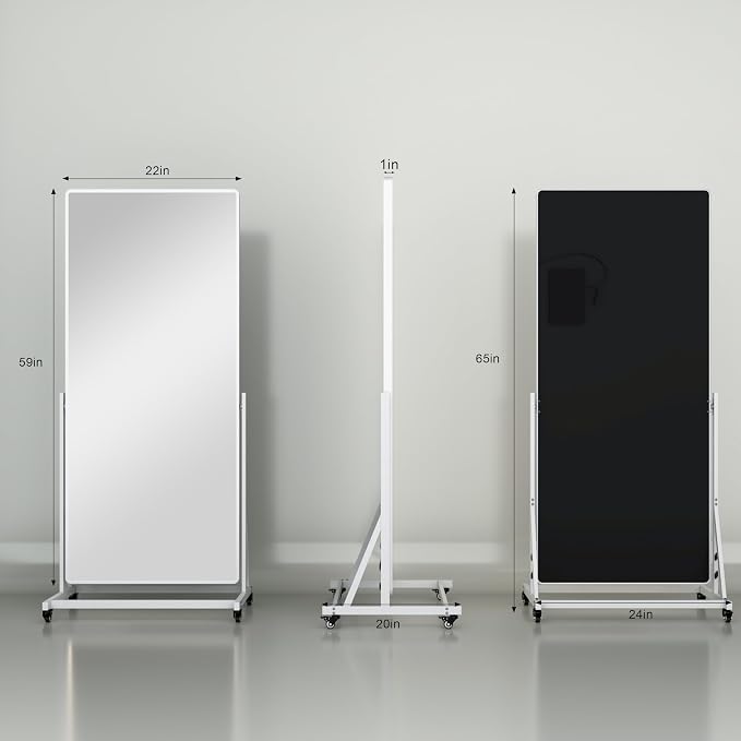 Full-body Rolling Mirror with LED Lights and Wheels, 65" x 24" Home Gym Mirrors with 360° Rotation, Dimmable & 3 Color Lighting Cloakroom, Tempered Glass & Metal Frame, Use for Bedroom, Dance Studio