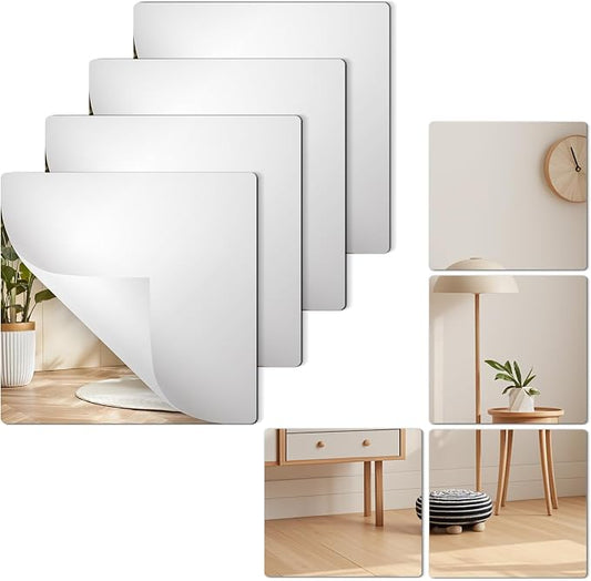 4 Pack Acrylic Mirrors Sheets Self Adhesive 8 x 8 Inch Wall Mirror Tiles | Flexible Mirror Stickers Shatterproof Full Length Mirrors for Home Bathroom Bedroom Gym Door Wardrobe Use