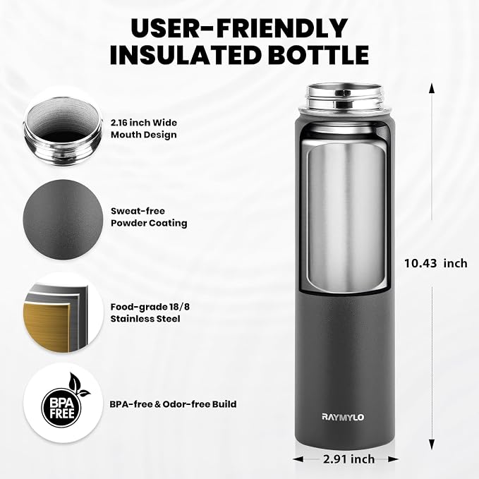 RAYMYLO Insulated Water Bottle 24 oz, Triple Wall Vacuum Stainless Steel | (Cold for 24Hrs, Hot for 12Hrs), Leak Proof & Non-BPA, Modern Water Flask Jug with Paracord Handle & Straw Spout Lids