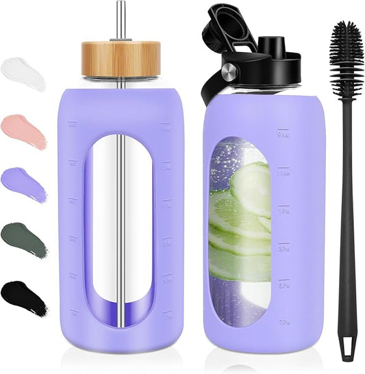 FULBEVY Glass Water Bottles 64 oz - Half Gallon Large Motivational Daily Water Intake Bottle Time Marker - Glass Water Bottle With Straw, Silicone Sleeve 2 Lids, Handle Spout & Bamboo Lid(Purple)