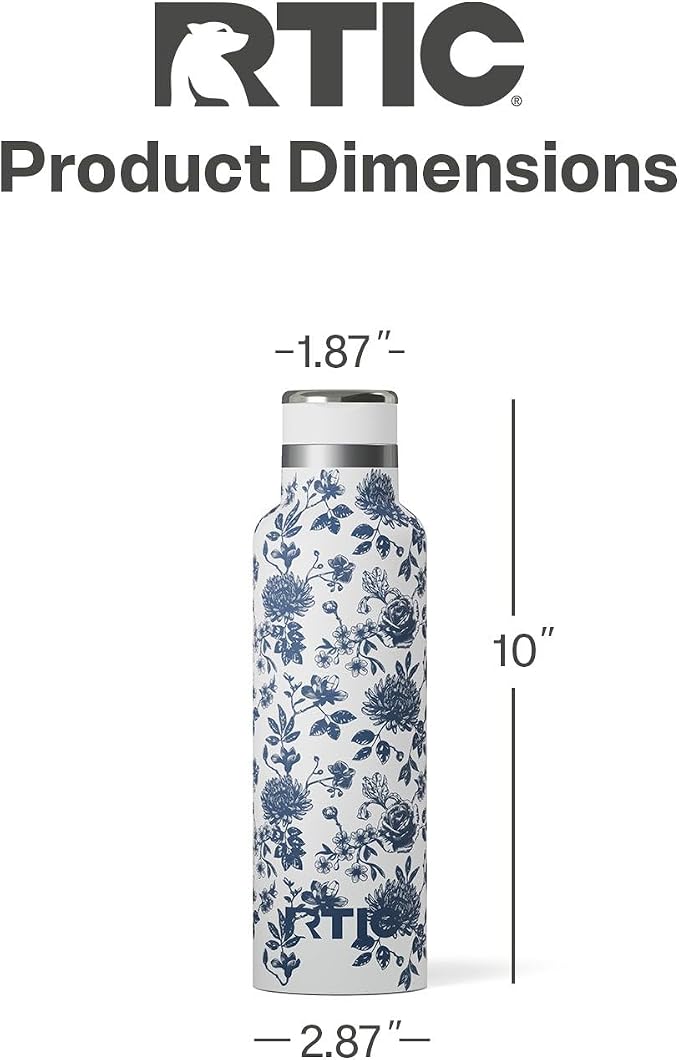 RTIC 20oz Journey Water Bottle Ceramic Lined Metal Stainless Steel Vacuum Insulated, BPA Free, Reusable, for Water, Hot and Cold Drinks, Travel, Sports, Camping, Blue Bouquet