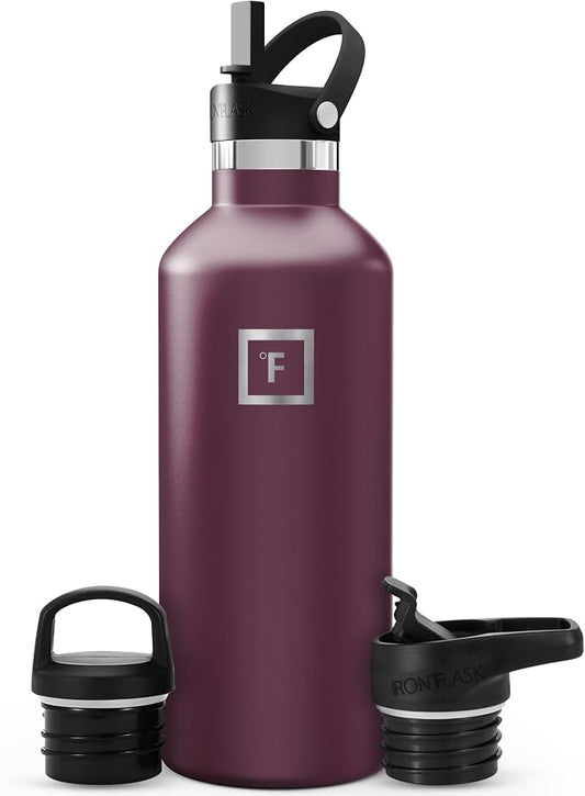 IRON °FLASK 32 oz Narrow Mouth Water Bottle with 3 Lids | Insulated Stainless Steel Sports Water Bottle with 3 Leakproof Lids - BPA Free, Cold 24 Hrs, Sweat Free (Burgundy)
