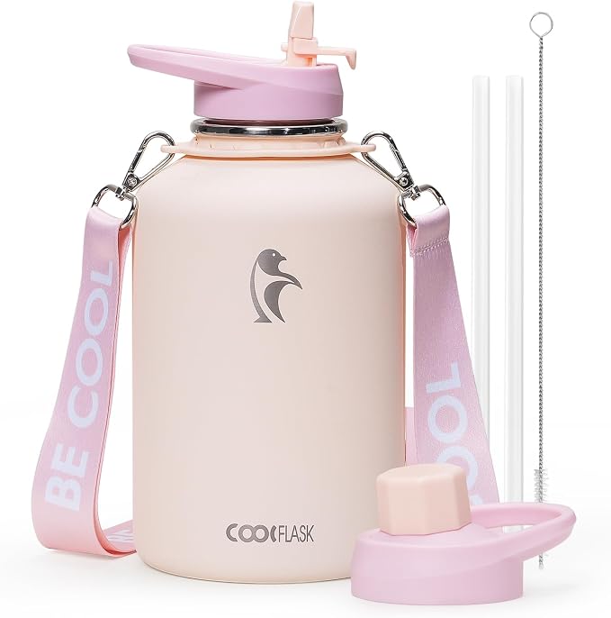 Coolflask Half Gallon Water Bottle Insulated Stainless Steel with Strap | 64 oz Large Water Jug with Straw & Spout Lids,Triple-Wall, Cold 48+h,Dishwasher Safe, Leakproof, BPA-Free,for Gym & Hiking