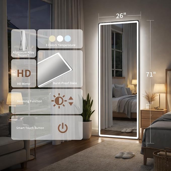 Full Length Mirror with Lights, 71" x 26" LED Floor Mirrors, Full Body Dressing Standing Mirrors with Dimming & 3 Color Lighting, Hanging Mounted Mirror for Living Room Bedroom Cloakroom