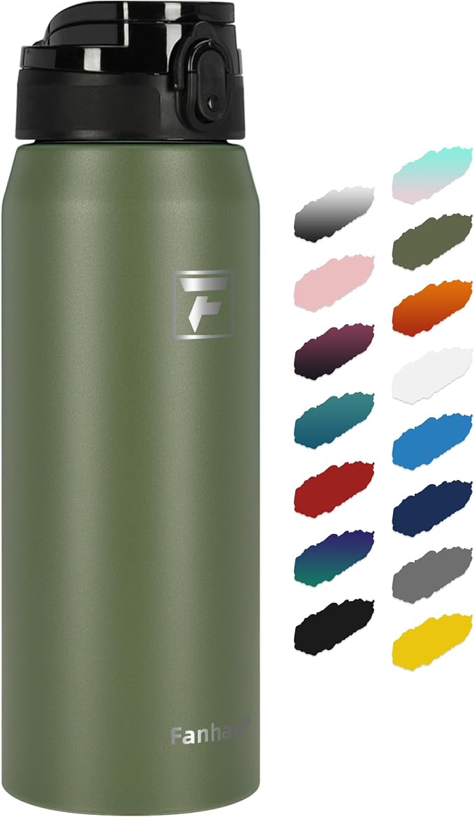 Fanhaw 24 oz Insulated Stainless Steel Water Bottle with Anti-Dust Chug Lid, Leakproof Vacuum Metal Everyday Use Bottle for Kids, Teens & Adults, Back to School Essentials (Olive Green)