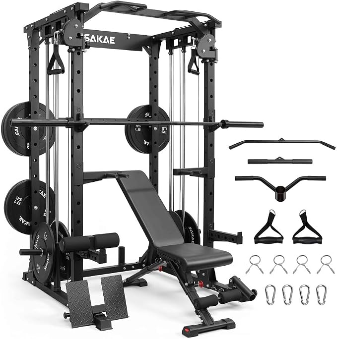 SAKAE Squat Rack with Cable Crossover System, Power Rack with LAT Pull Down, Pull-Up Bar, Dip Bars, Weight Bench, 260 LB Bumper Plates, 7 FT Olympic Bar & Training Attachments, Multiple Options