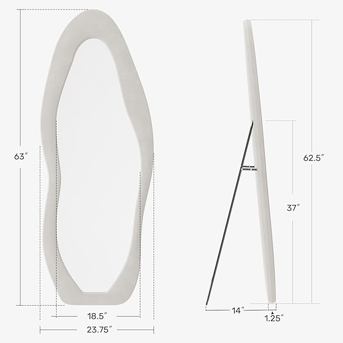 Full Length Mirror, 63"x24" Flannel Floor Mirrors with Stand | Irregular Wavy Mirror Full Body for Bedroom Living Room, Hanging or Leaning Wavy Wall Mirror, Tempered Glass, Beige
