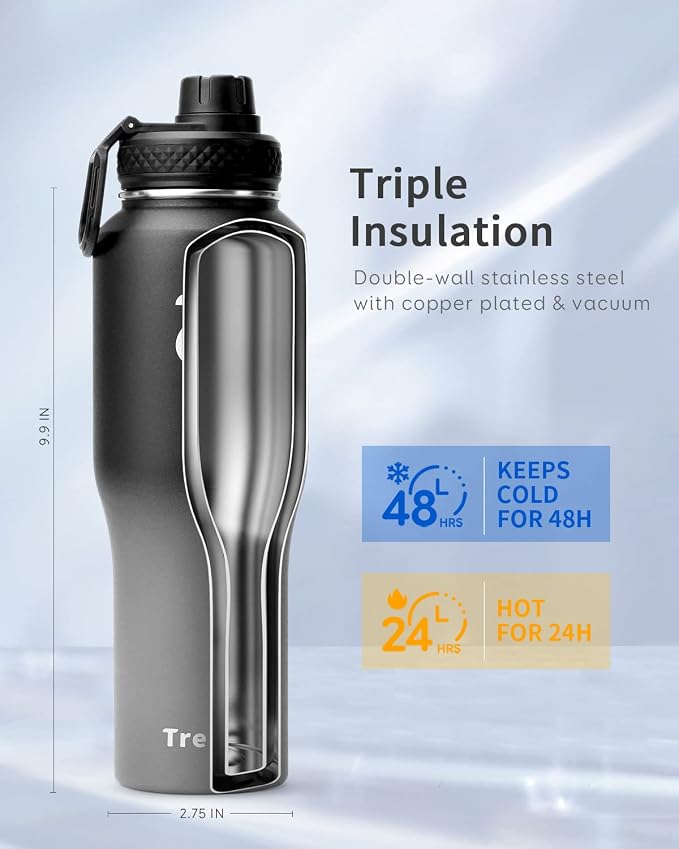 Trebo 32 oz Water Bottle Insulated Fits in Any Car Cup Holder with 2 Lids | Stainless Steel T-shape Tumbler with Paracord Handle, Triple Wall Vacuum Copper Plated, Cold 48 Hrs for Travel, Leakproof