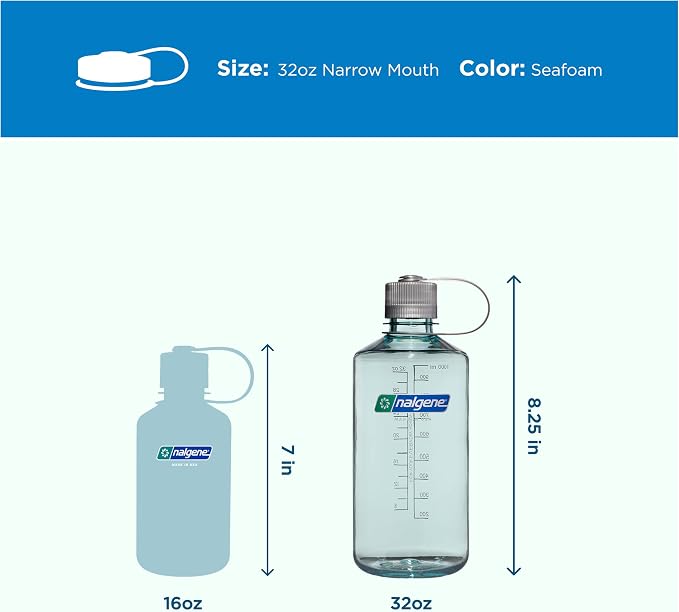 Nalgene 32 oz Narrow Mouth Water Bottle, Seafoam | BPA-Free, Durable & Lightweight, Leak Proof, Dishwasher Safe, Large Reusable Plastic Bottle for Hiking, Gym, Work & Travel