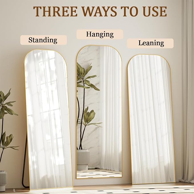 Koonmi Full Length Mirror, 56"x21" Mirror Full Length with Stand | Domed Top Square-Edged ShatterProof Floor Mirror with Gold Aluminum Alloy Frame for Bedroom Living Room Home Gym